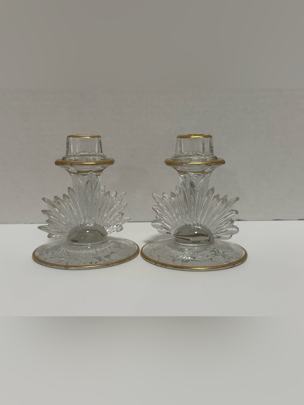 Vintage Fostoria Flame Mayflower Candlestick Pair rare gold trim